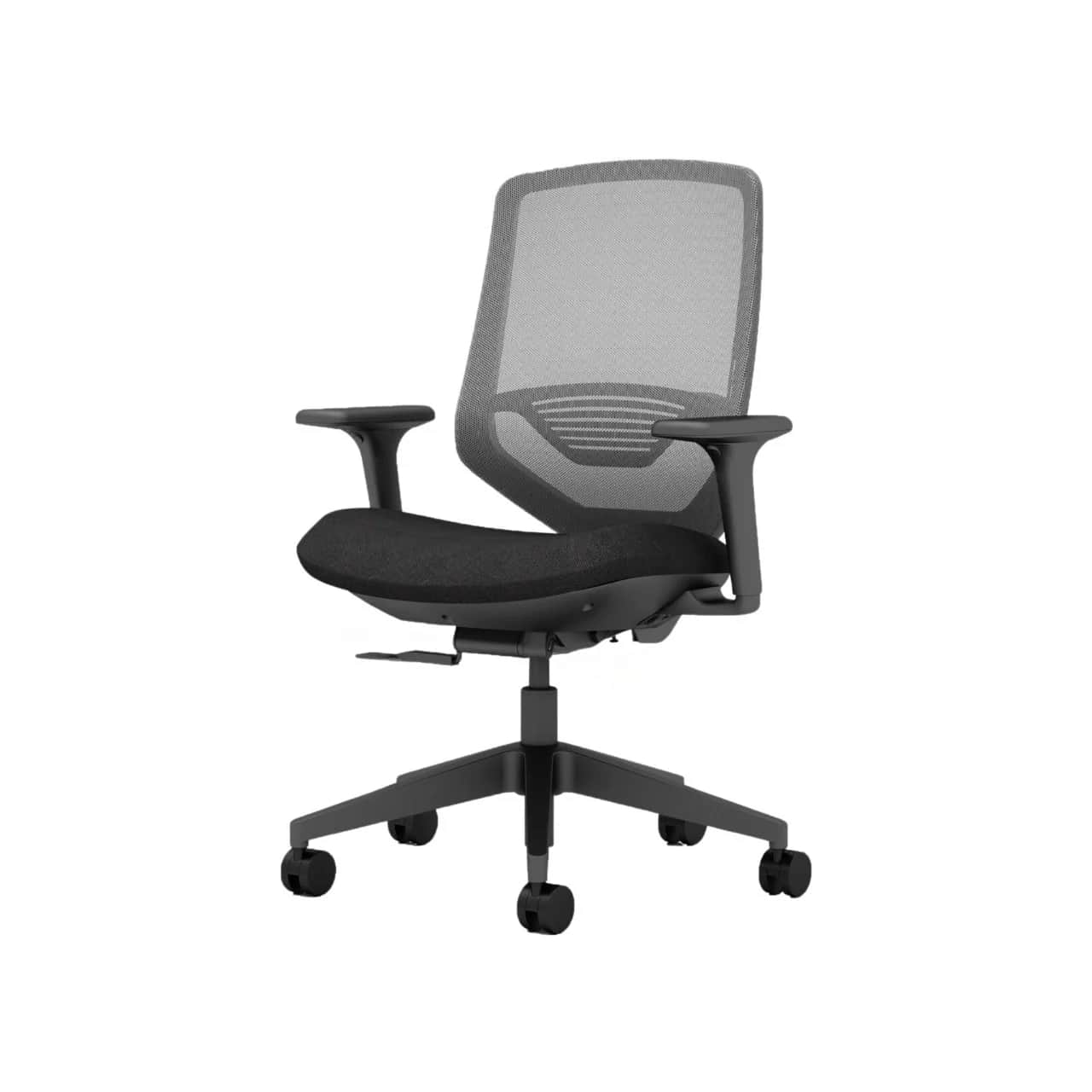 A modern ergonomic office chair featuring a dark grey mesh backrest, a black fabric upholstered seat… — 3D model