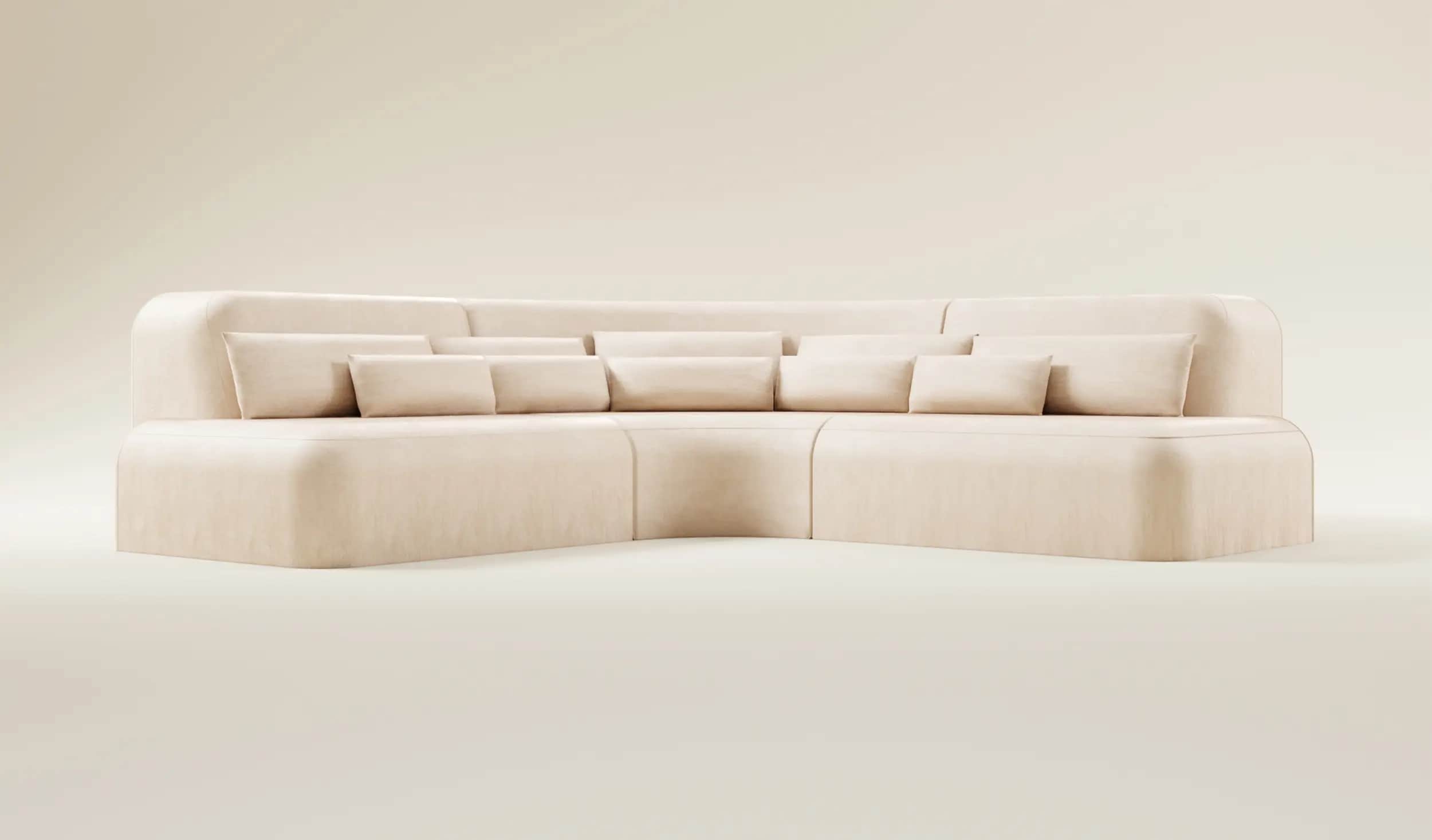A modular, sectional sofa with a curved design and plush upholstery. It features a low profile with… — 3D model