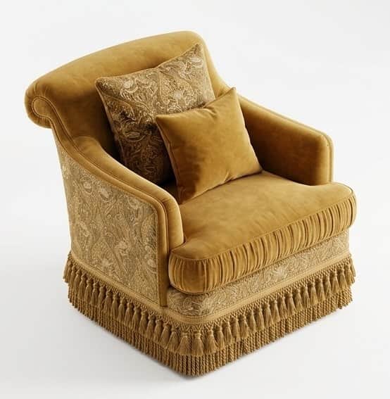 A traditional upholstered armchair featuring a golden yellow velvet-like fabric, scrolled arms, a lo… — 3D model