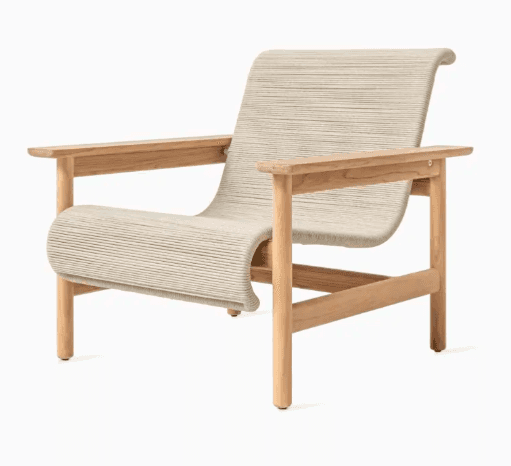 A modern armchair with a curved, woven seat and backrest, supported by a light-colored wooden frame.… — free OBJ 3D model