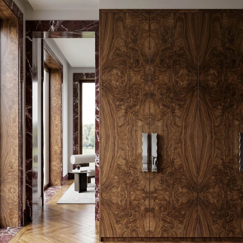 A sophisticated, built-in wardrobe crafted from burled wood veneer, featuring a rich, complex grain… — 3D model