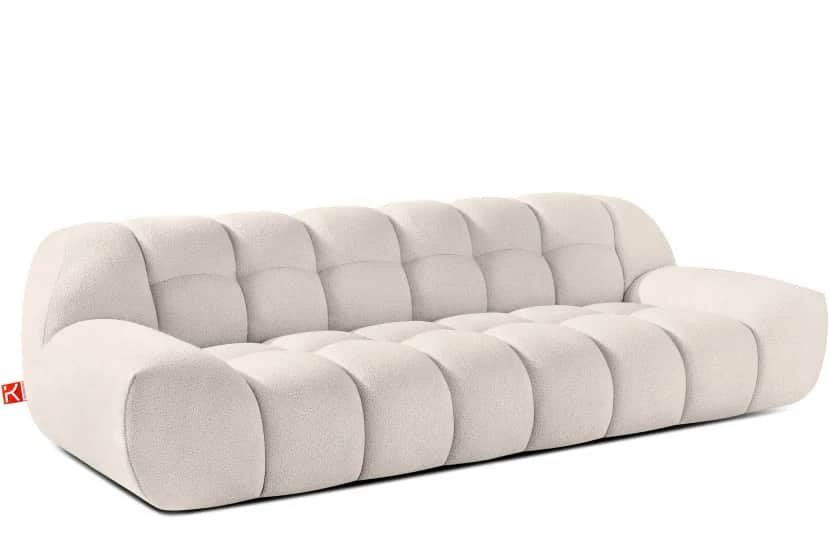 A tufted, off-white sofa with a low profile and rounded armrests. The sofa features a distinctive ch… — 3D model