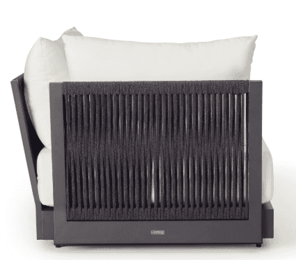 A contemporary outdoor lounge chair featuring a dark grey powder-coated metal frame and a distinctiv… — 3D model