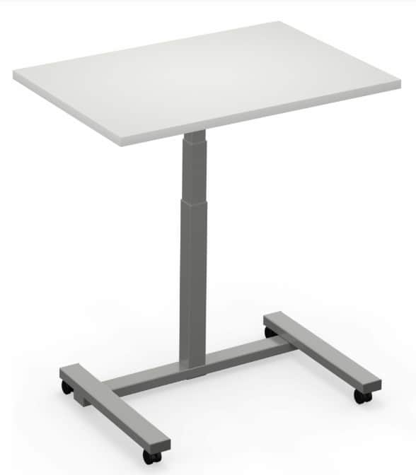 A modern, height-adjustable mobile table featuring a rectangular white tabletop supported by a singl… — 3D model
