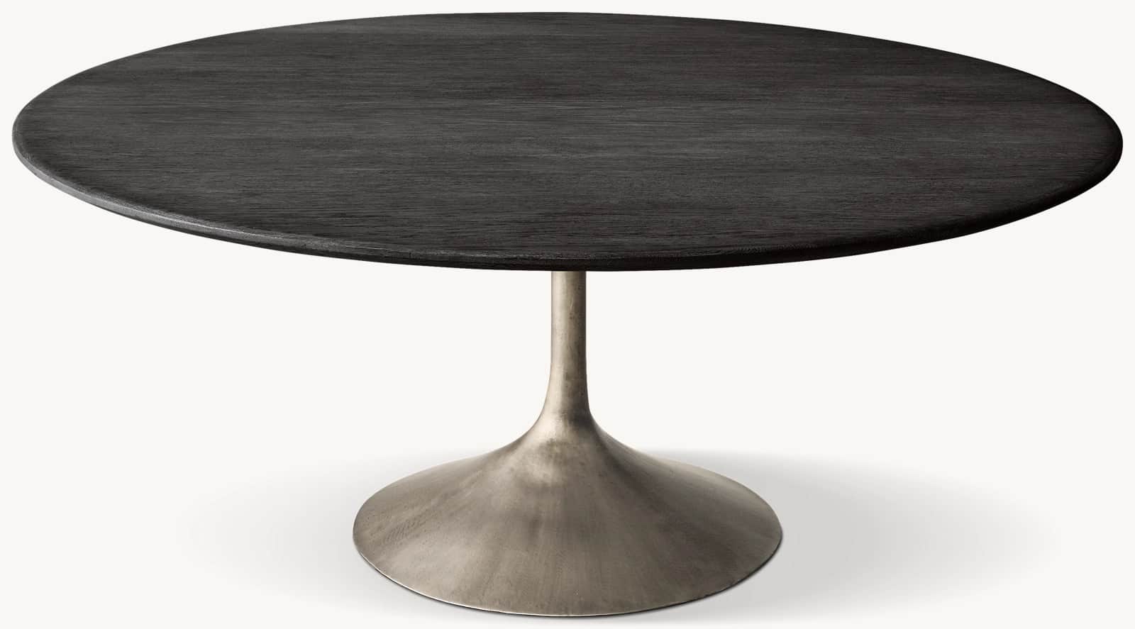 A round dining table with a dark wood top and a brushed metal pedestal base. — 3D model