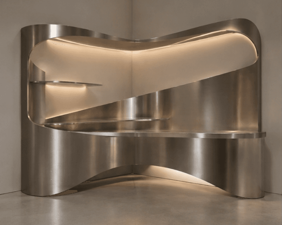 An architectural, custom-built shelving and display unit crafted from brushed stainless steel, featu… — 3D model