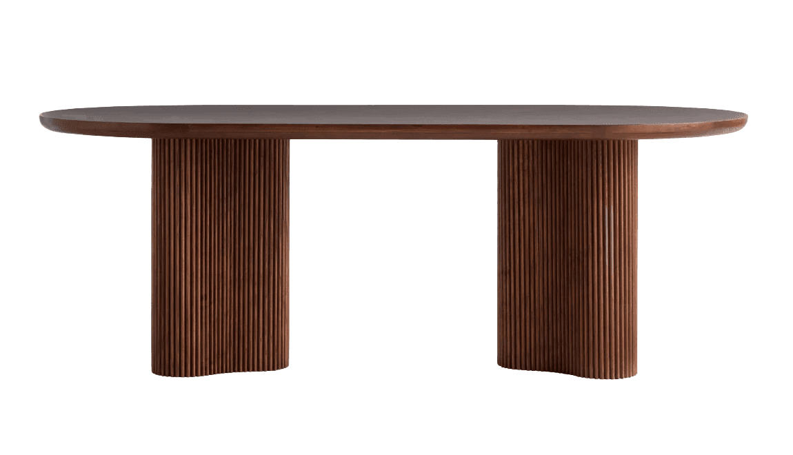 An oval-top console table with two fluted columnar pedestals as its base. The table exhibits a dark,… — free BLEND 3D model