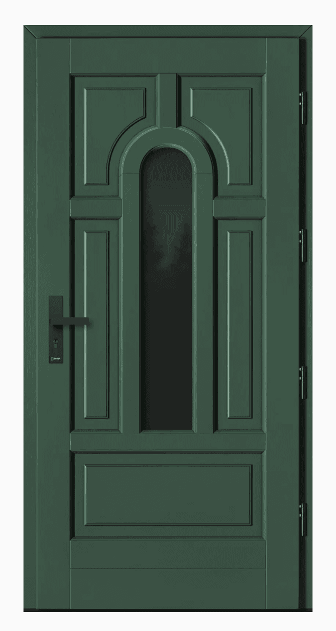 A dark green, single-panel exterior door with a prominent arched glass insert and raised panel detai… — 3D model