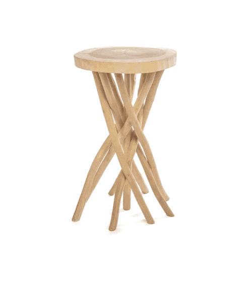 A light-colored wooden side table with a round top and a base formed by intertwined, twisted wooden… — 3D model