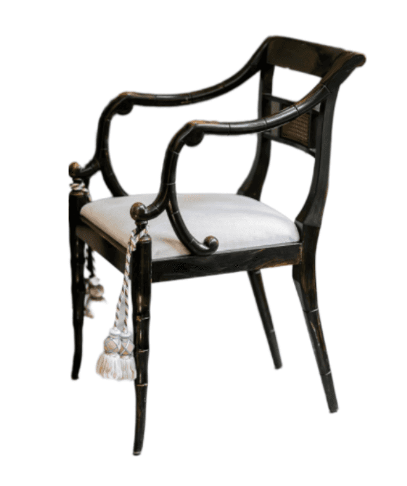 An armchair featuring an ebonized, faux bamboo-style wooden frame. The backrest includes a rectangul… — free OBJ 3D model