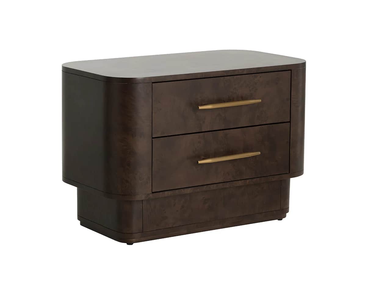 A dark wood nightstand with rounded edges and a tiered base. It features two drawers with elongated… — free FBX 3D model