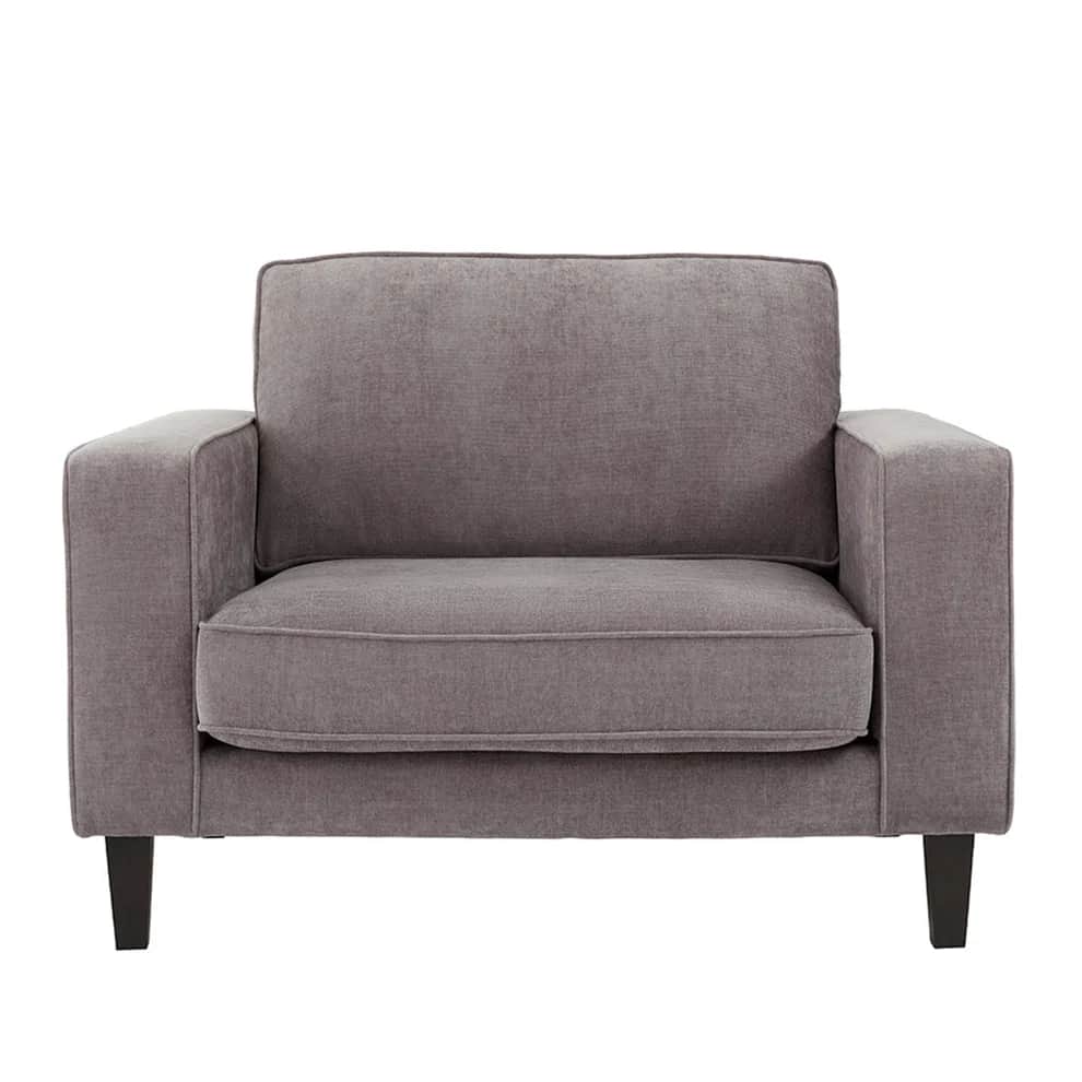 A single-seater armchair with a boxy silhouette and upholstered in a textured gray fabric. It featur… — 3D model