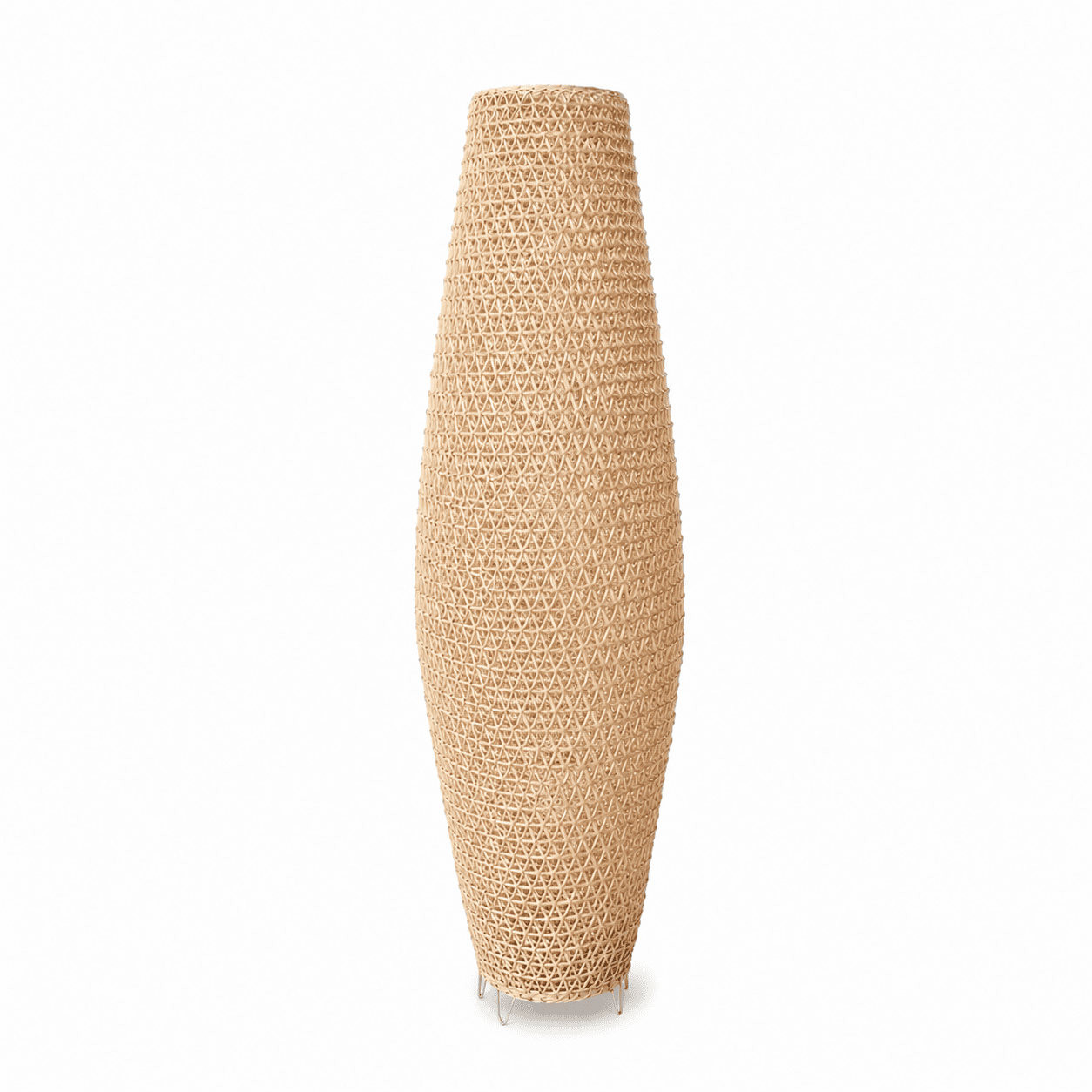 A tall, ovoid-shaped floor lamp featuring an intricate, open-weave pattern constructed from natural… — 3D model