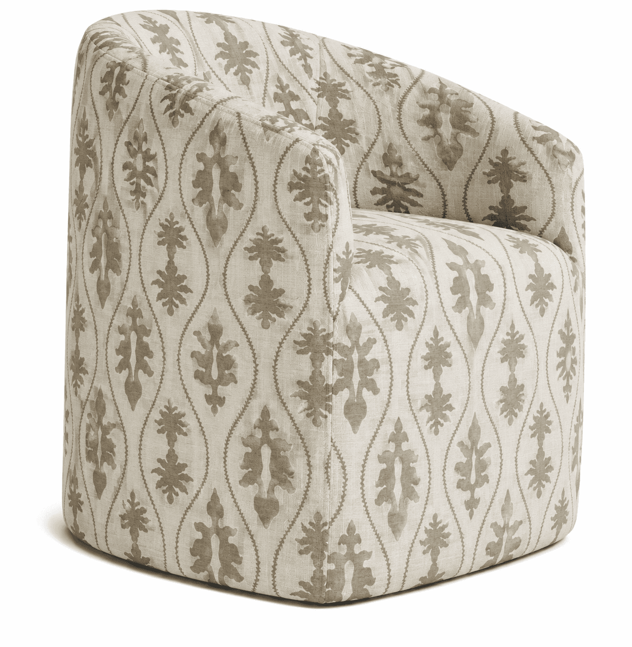 An upholstered barrel-shaped armchair featuring a rounded back and integrated arms, covered in a cre… — 3D model