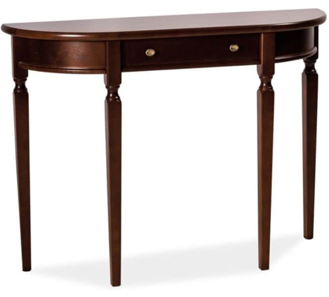 A dark wood demilune (half-moon) console table featuring a single central drawer with two brass-tone… — 3D model