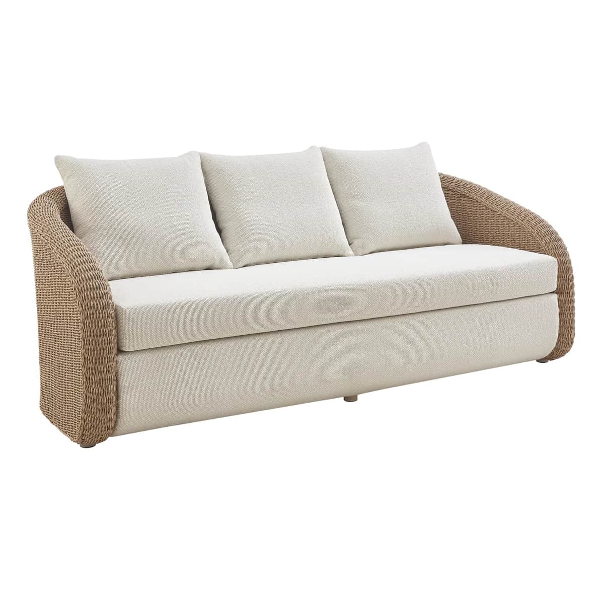A contemporary three-seater sofa designed for outdoor use, featuring a robust frame with woven ratta… — 3D model