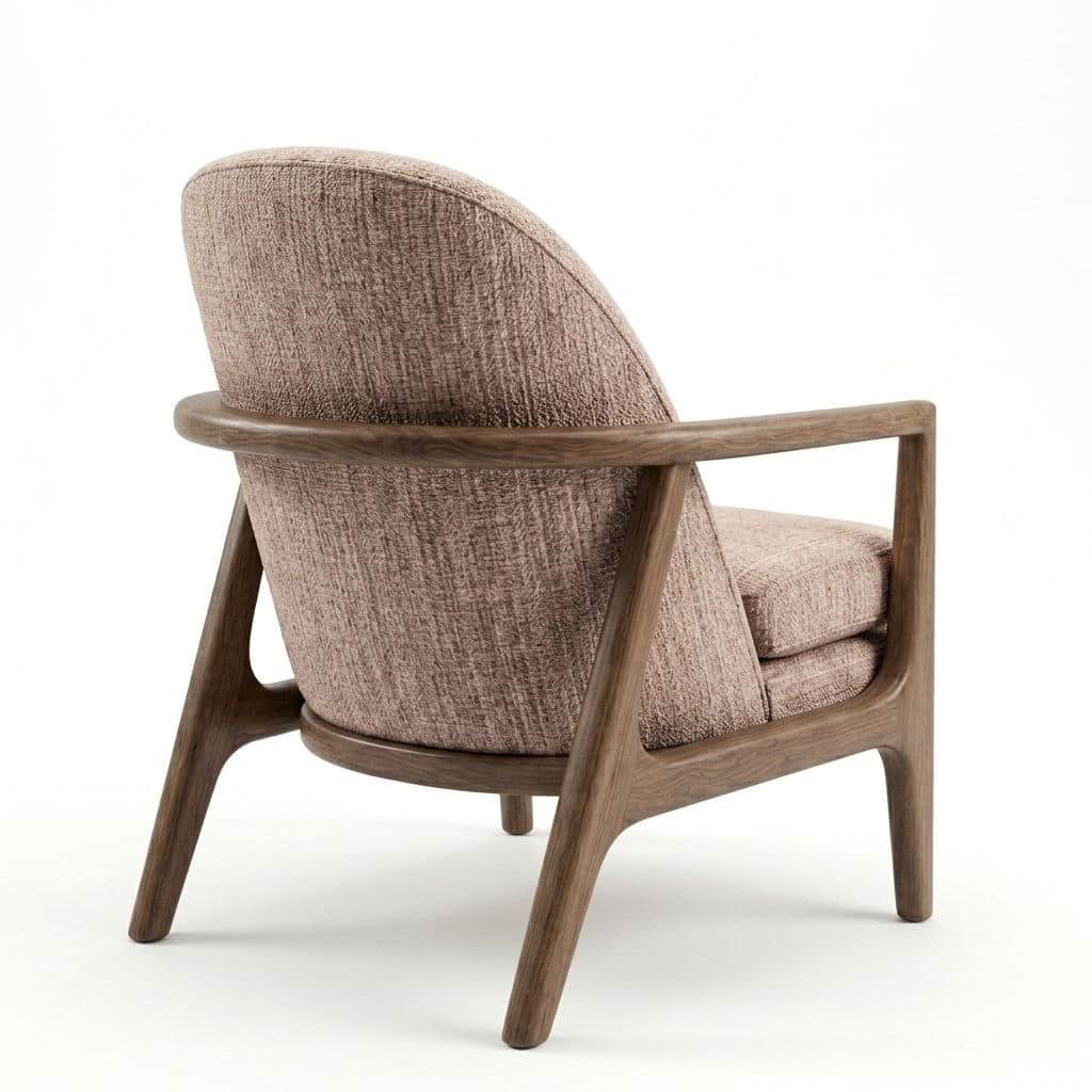 A contemporary lounge chair featuring an exposed dark wood frame and upholstered cushions. The frame… — 3D model