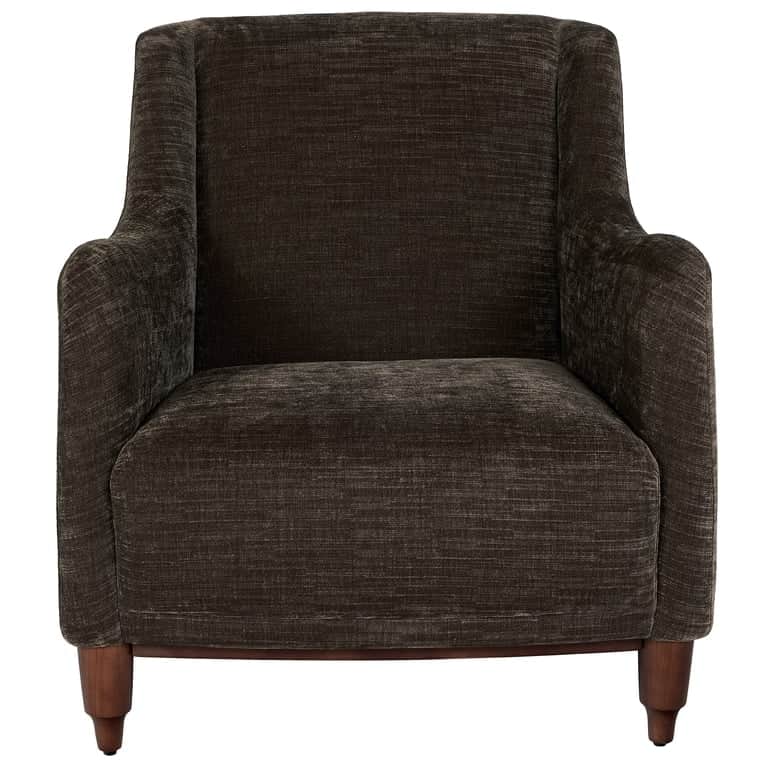 A dark brown upholstered armchair featuring a textured fabric, gently curved arms, and a high backre… — free FBX 3D model