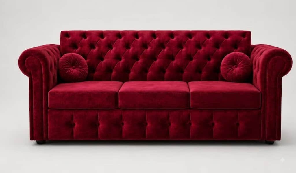 A three-seater sofa, upholstered in rich red velvet, featuring traditional Chesterfield-style deep b… — 3D model