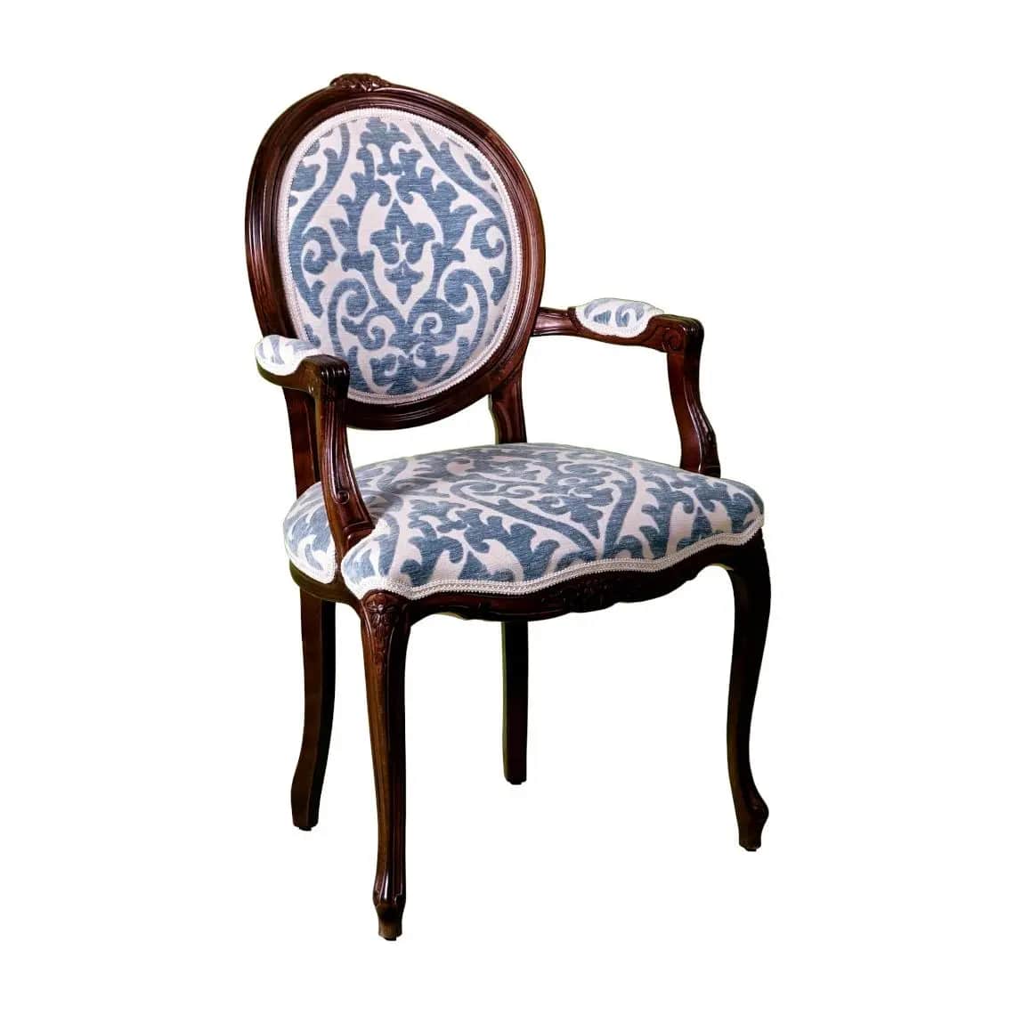 An ornate French Rococo style armchair featuring a dark carved wooden frame. The chair has an oval b… — 3D model