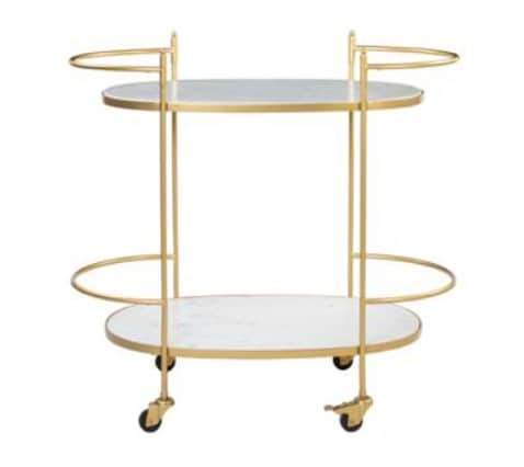 A modern two-tiered bar cart featuring a polished gold-finished metal frame and two oval-shaped shel… — 3D model