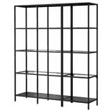 A tall, rectangular shelving unit featuring a black metal frame and multiple tiers of open shelving.… — 3D model