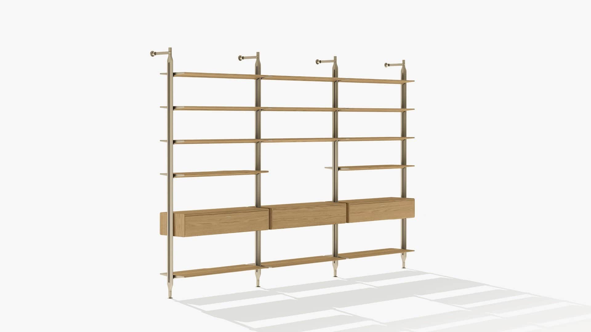 A contemporary modular wall-mounted shelving unit featuring multiple wooden shelves and integrated d… — 3D model