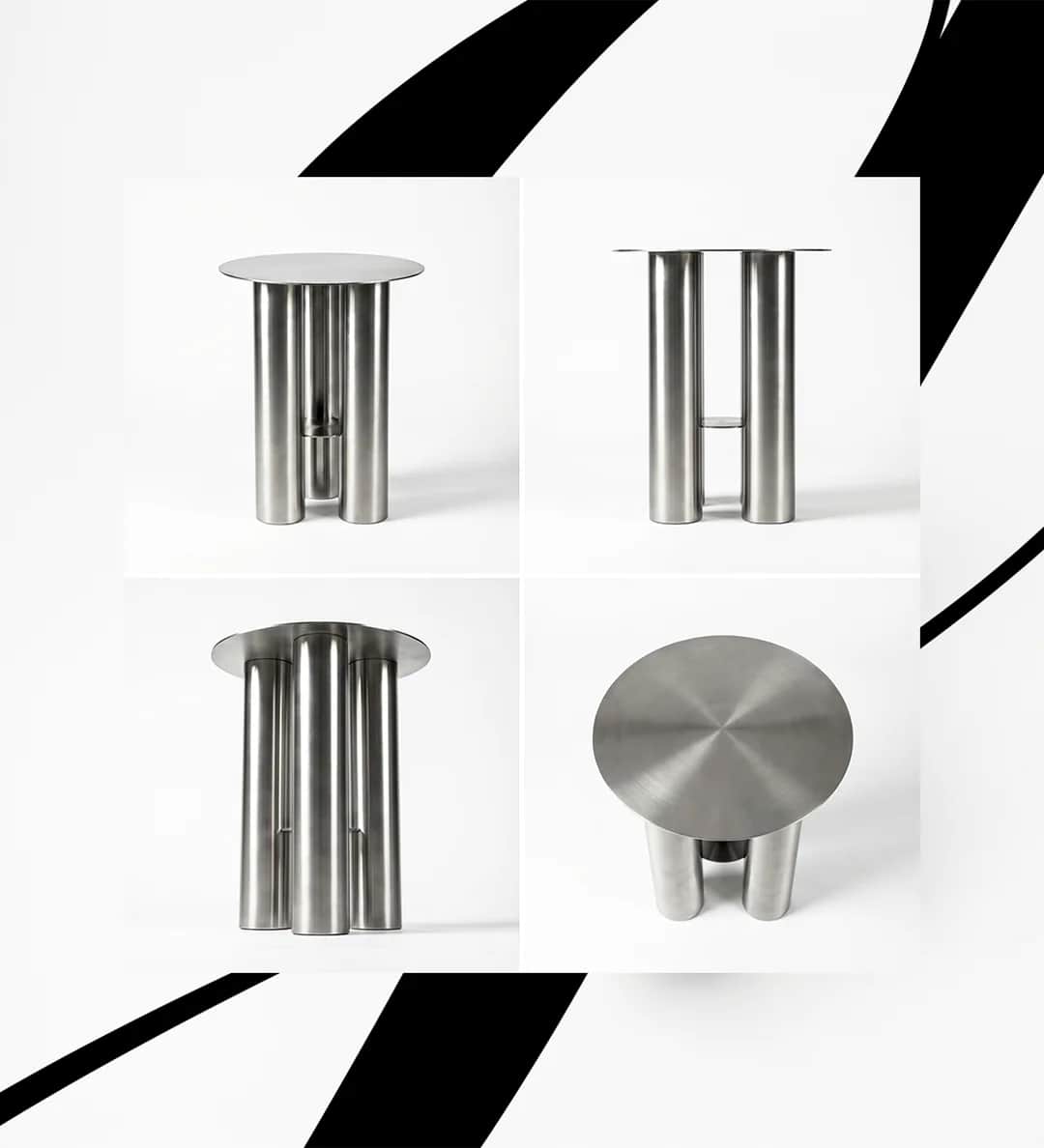 A small, round accent table constructed entirely from brushed stainless steel. It features a circula… — 3D model