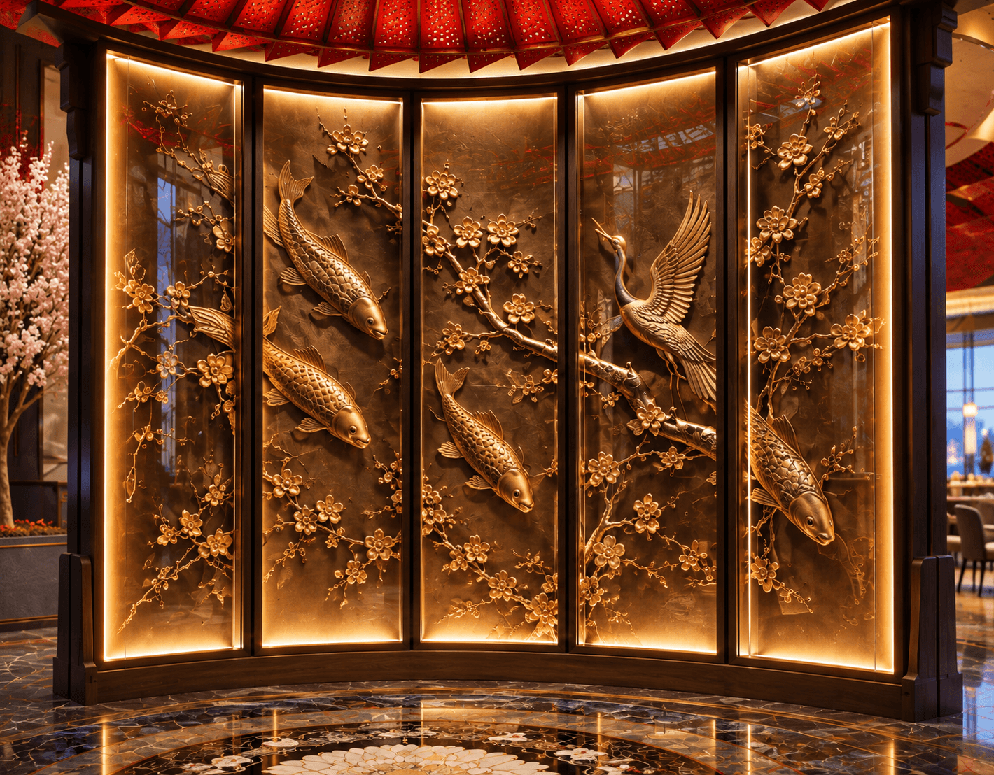 A curved, dark wood cabinet featuring five vertical panels, each intricately detailed with gold-tone… — 3D model