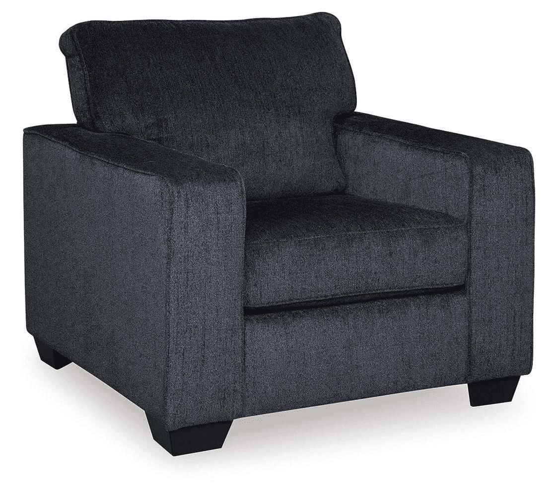 A contemporary upholstered armchair in a dark charcoal gray fabric, featuring a boxy silhouette, wid… — free OBJ 3D model