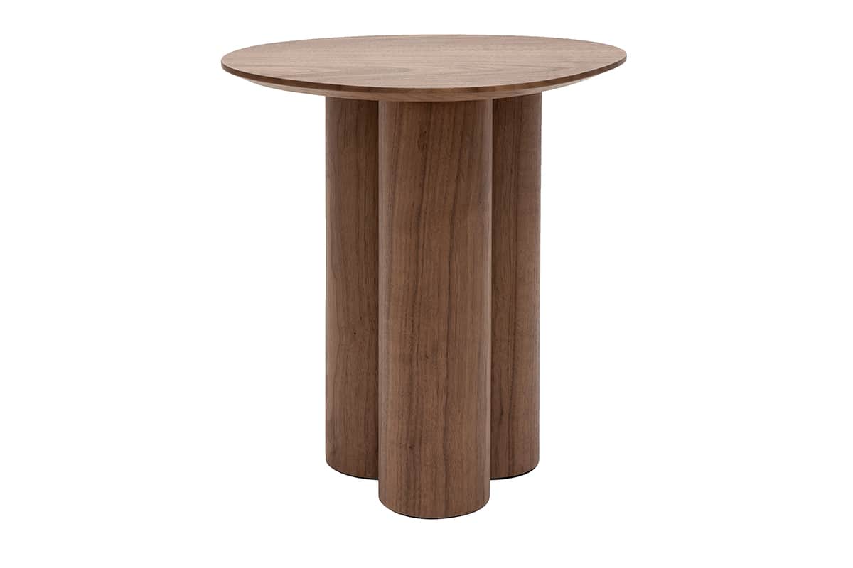 A minimalist side table with a round, slightly beveled top and a base composed of three cylindrical… — 3D model