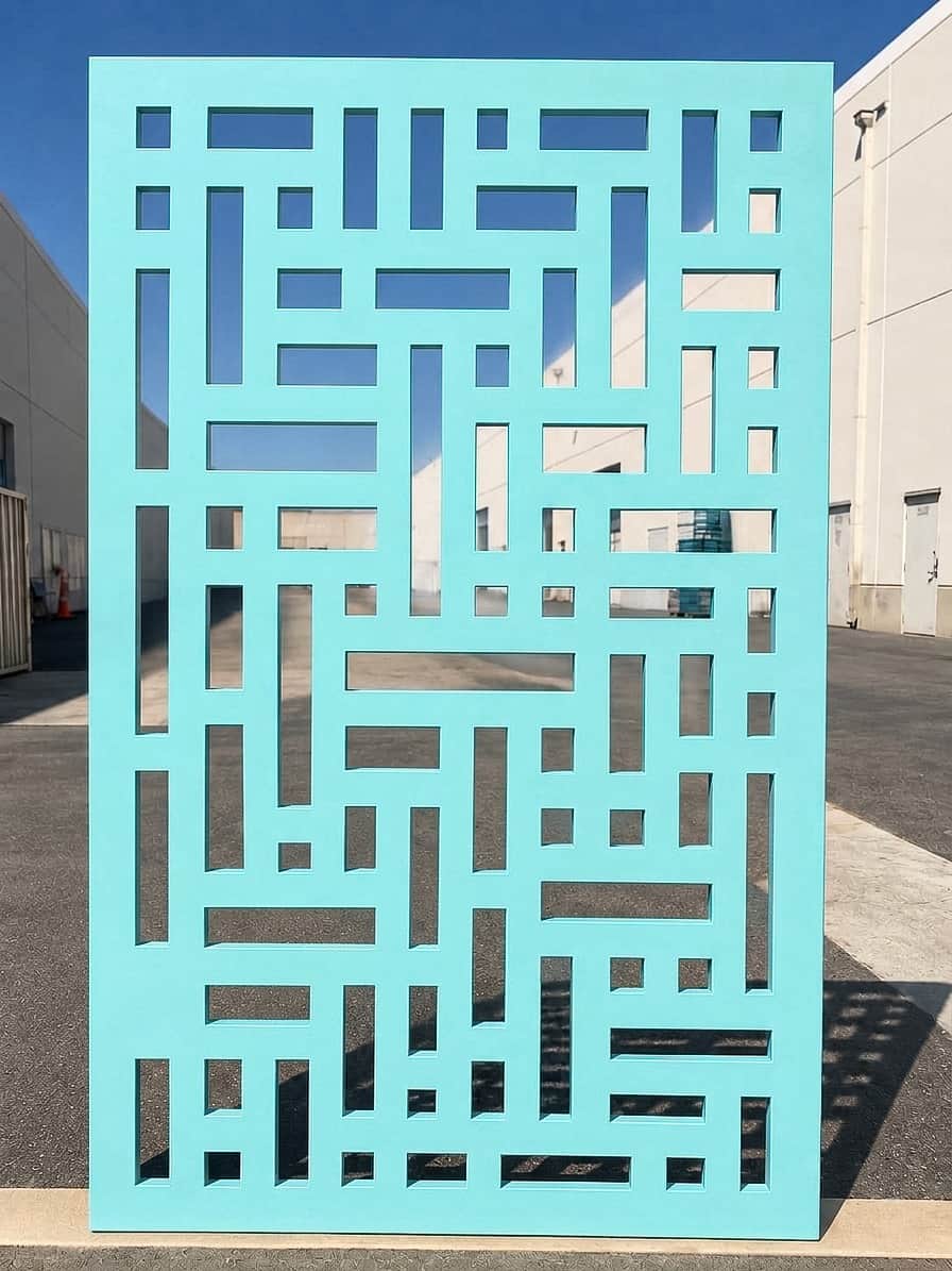 A rectangular panel featuring a complex geometric perforated pattern, rendered in a solid light blue… — 3D model