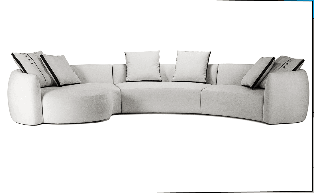 A modular, curved sofa with a light grey textured fabric upholstery. It features rounded armrests an… — free OBJ 3D model