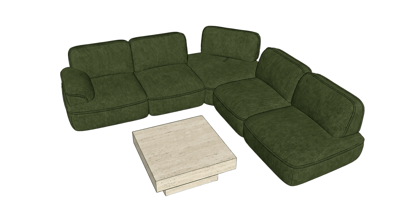 A contemporary modular sectional sofa upholstered in a dark green corduroy fabric, presented in an L… — 3D model