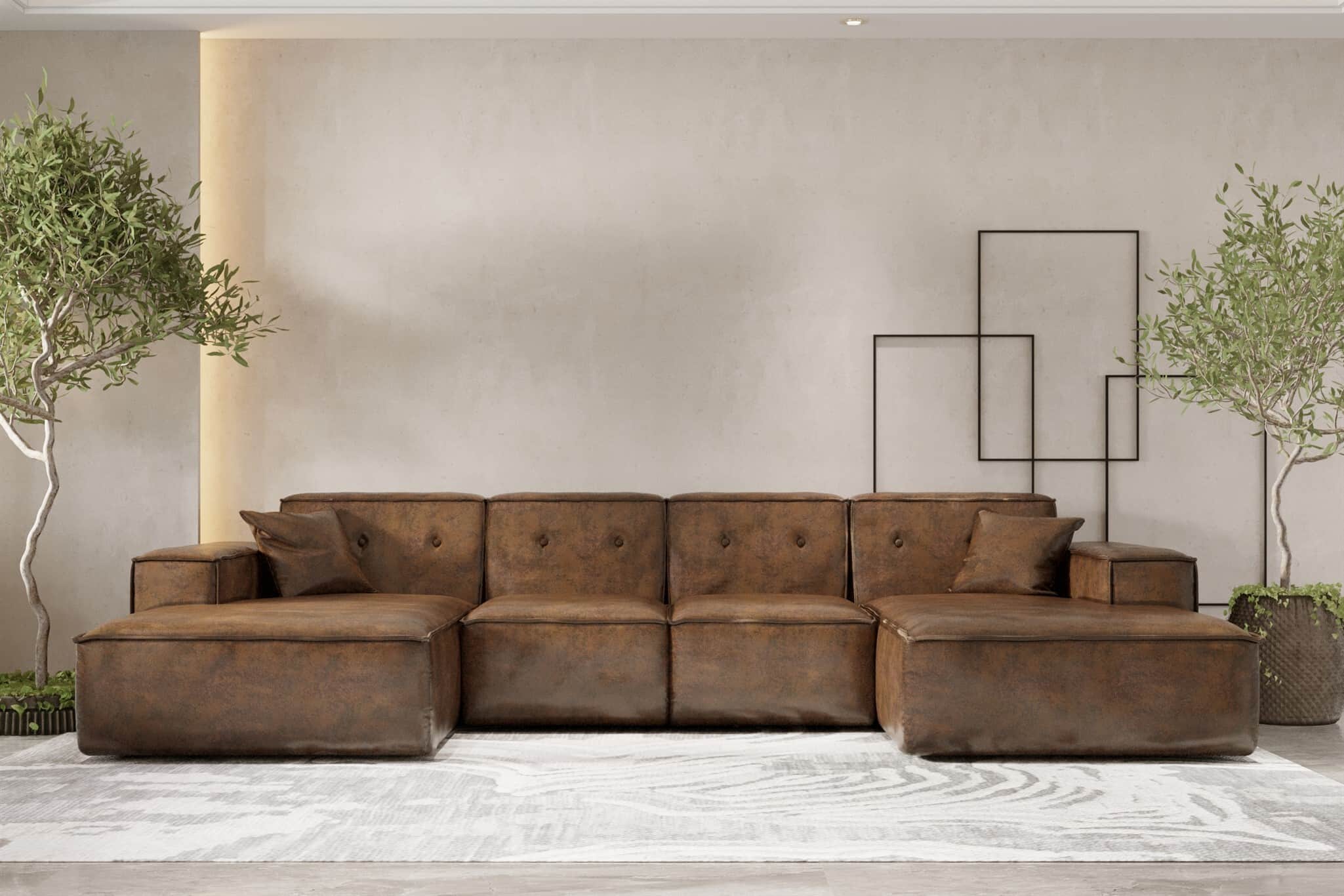 A modular U-shaped sofa with a low profile and deep seating. It features button tufting on the seat… — 3D model