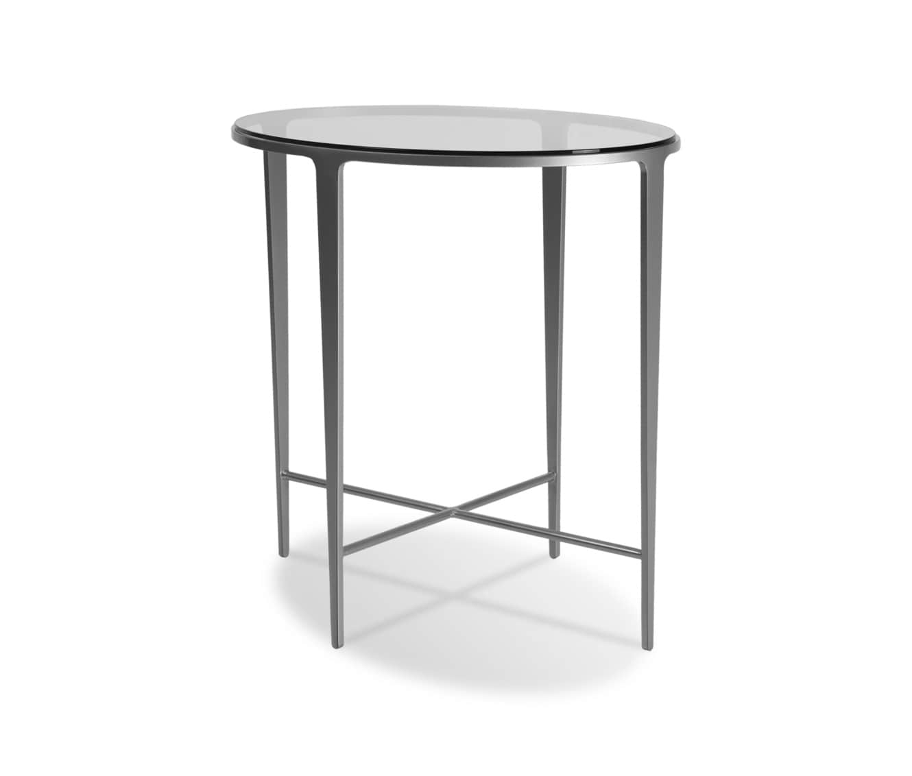 A modern bar-height table featuring a circular glass top supported by a slender dark grey metal fram… — 3D model