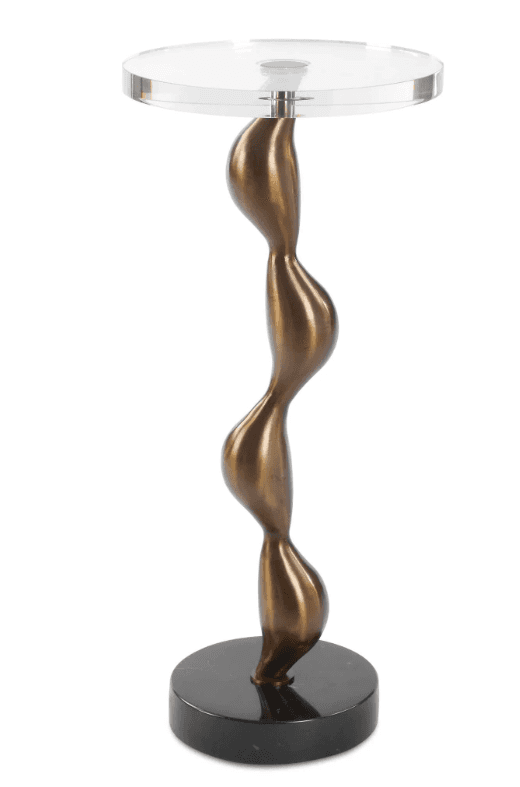 A tall, slender accent table featuring a clear round acrylic top, supported by a sculptural, wavy, b… — 3D model