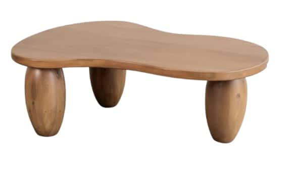 A low-profile coffee table featuring an irregularly shaped, biomorphic wooden top supported by three… — 3D model