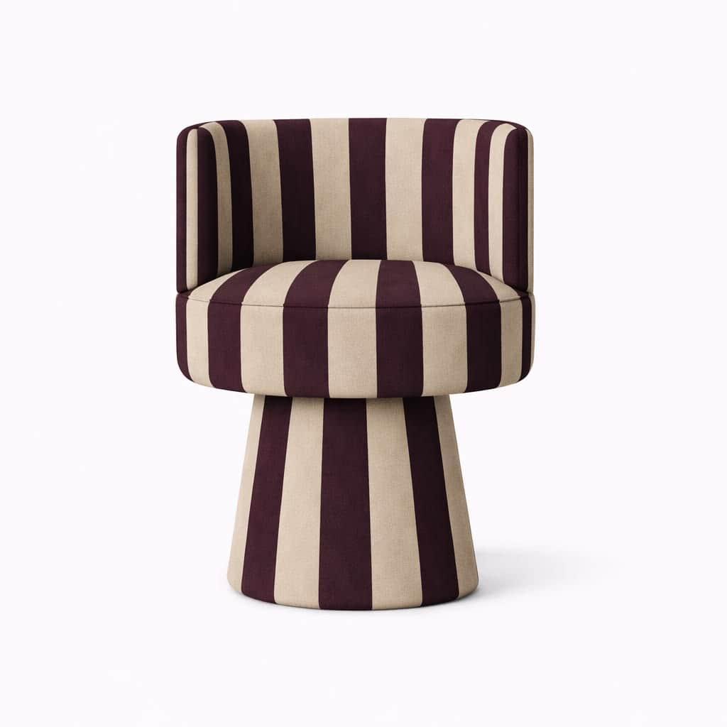 A fully upholstered swivel chair featuring a barrel-shaped back and seat, supported by a wide cylind… — 3D model