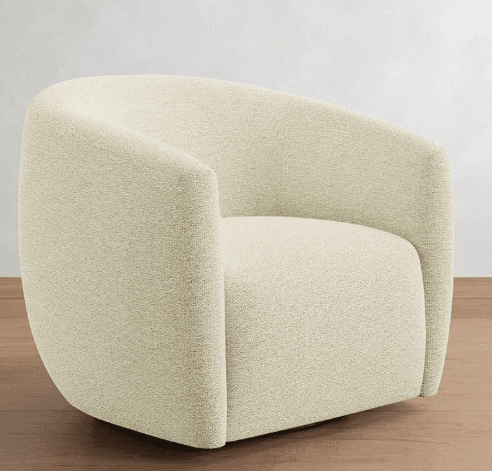 A light cream or off-white fully upholstered lounge chair with a rounded, curvilinear form. It featu… — 3D model