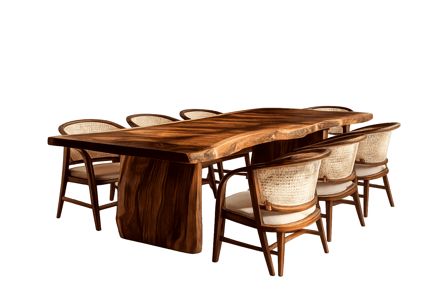 A dining set featuring a live-edge wooden table with a thick, natural wood slab top and a solid wood… — 3D model