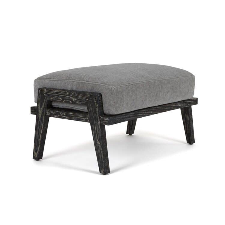 A rectangular, low-profile ottoman with a plush grey fabric cushion supported by a dark, distressed… — 3D model