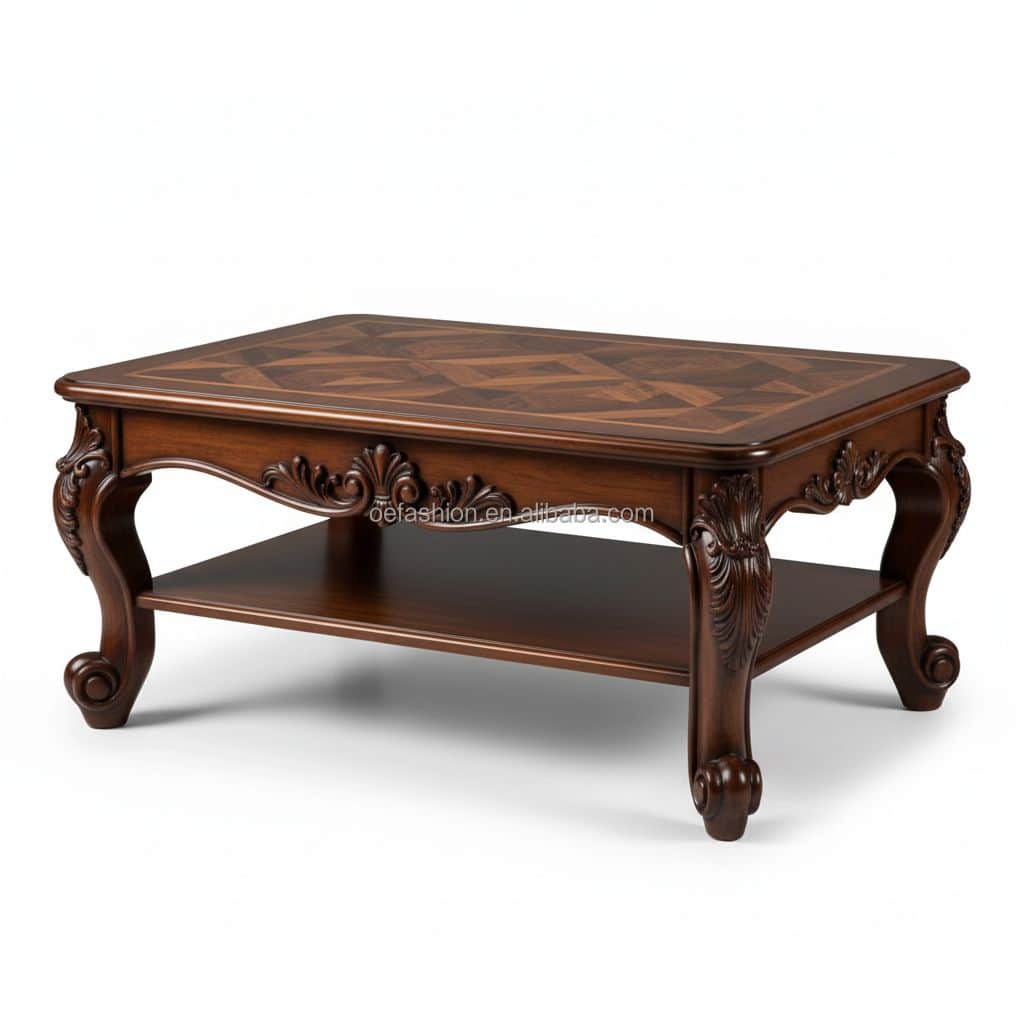 A rectangular coffee table with a lower shelf. The table features ornate carvings on the legs and ap… — free FBX 3D model