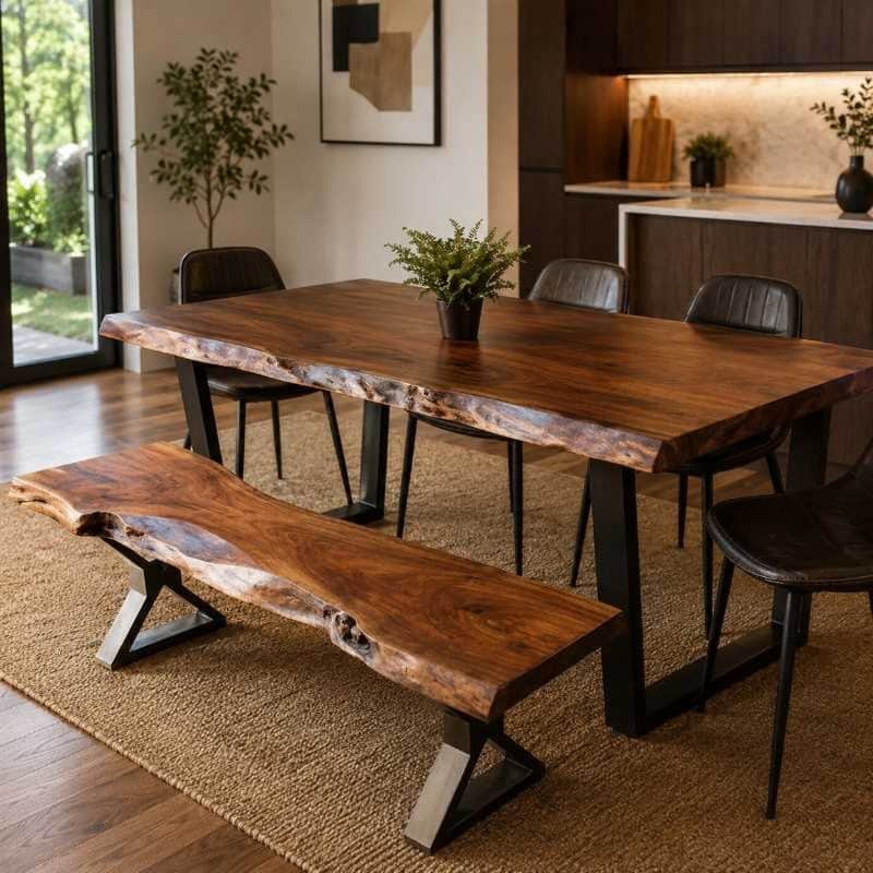 A rectangular coffee table featuring a live-edge wooden top and two black metal U-shaped legs. The t… — 3D model