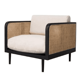A modern armchair featuring a black wooden frame, cane side panels and backrest, and light-colored f… — 3D model