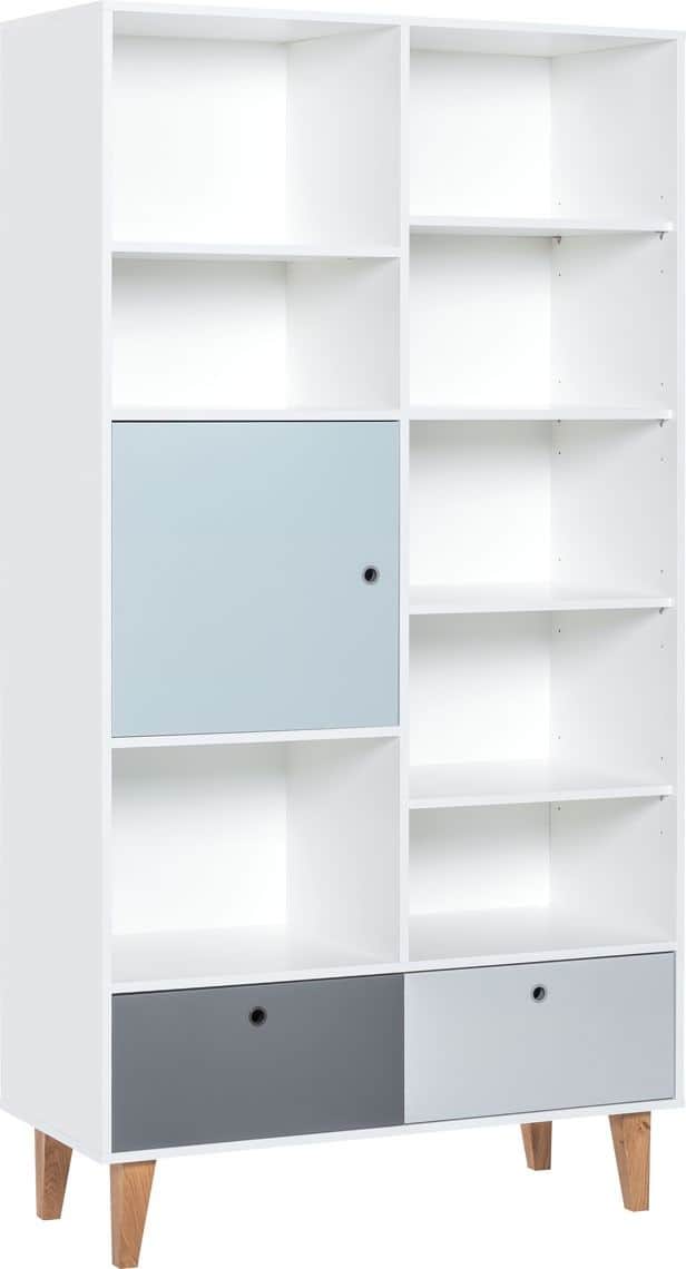 A modern white modular bookshelf featuring an asymmetrical layout of open shelving, a closed cabinet… — 3D model