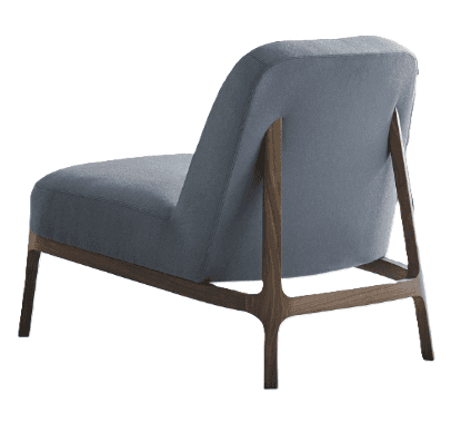 An armless lounge chair featuring a low-slung design with a visible dark wood frame and grey-blue fa… — 3D model