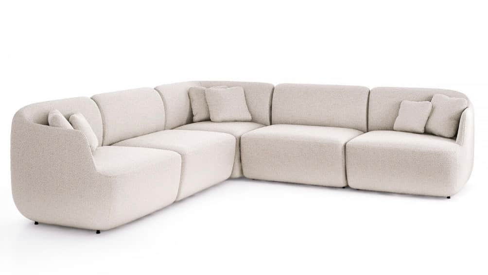 An expansive, L-shaped modular sectional sofa featuring multiple upholstered units covered in a ligh… — 3D model