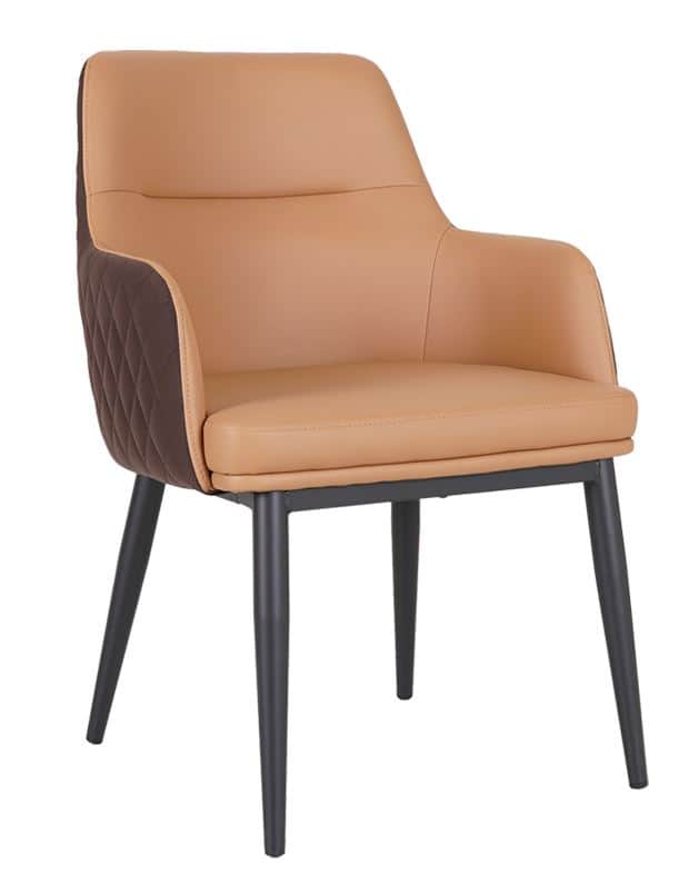 A modern armchair with a light brown, upholstered seat, backrest, and armrests. The backrest has a s… — 3D model