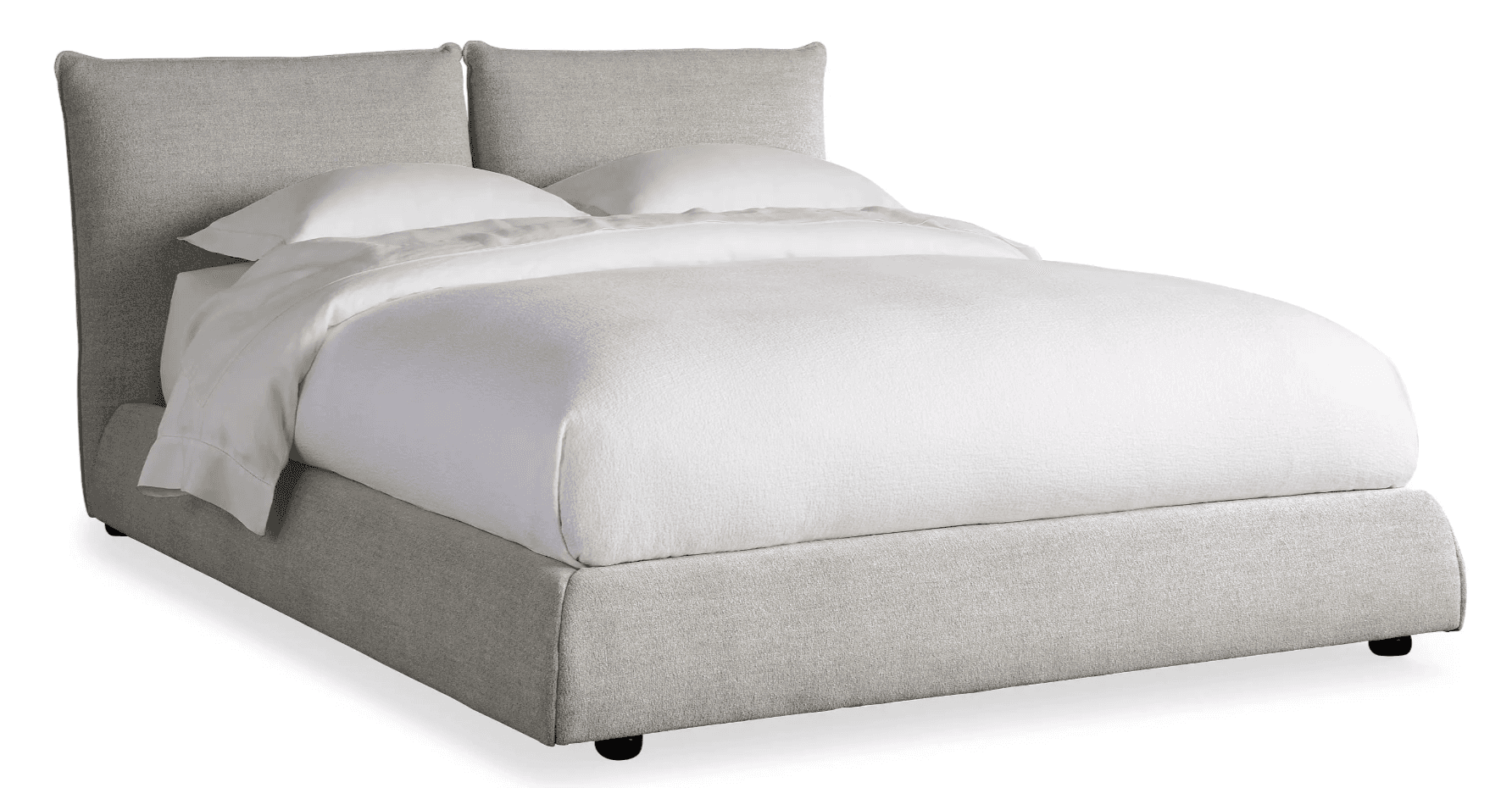 A modern upholstered platform bed featuring a light grey woven fabric. The bed includes an integrate… — 3D model